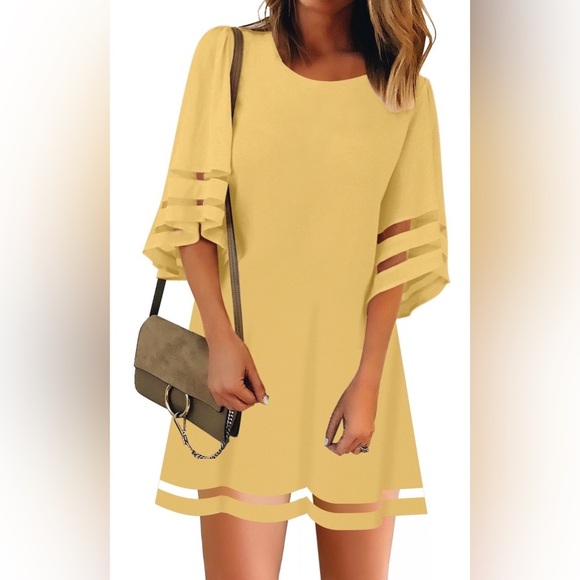 Dresses & Skirts - Women's Casual Knee Length Crewneck Mesh Panel Loose Dress in Desert Dust